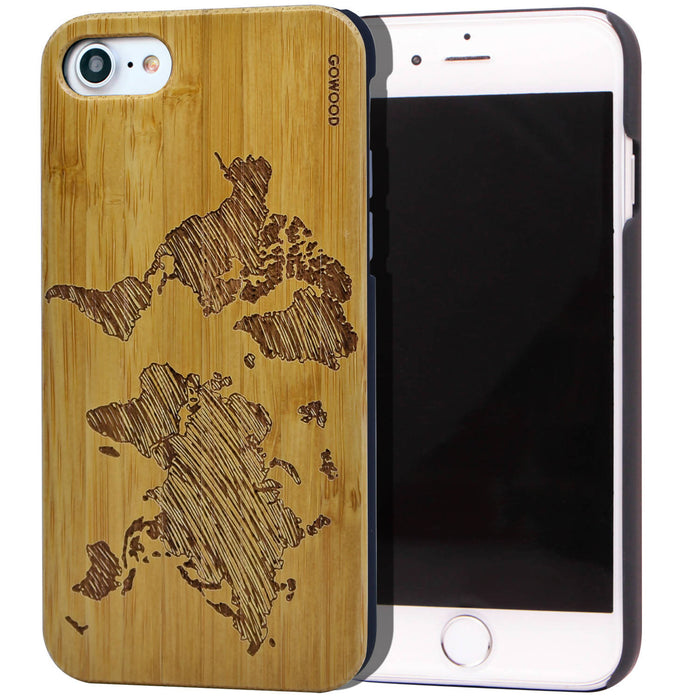 Étui iphone 7 et 8 en bois et côtés en polycarbonate - bambou avec gravure carte du monde