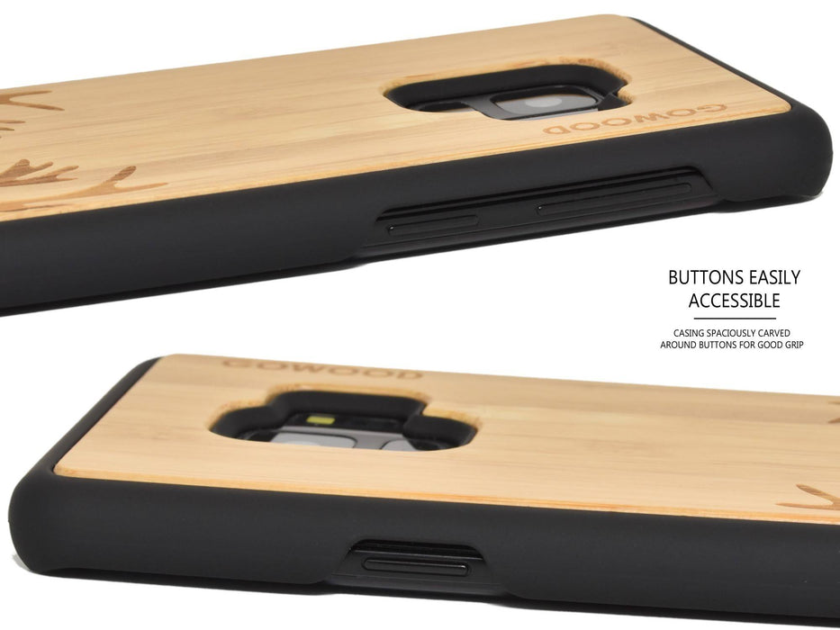 Étui samsung galaxy s9 en bois et côtés en polycarbonate - bambou avec gravure chevreuil