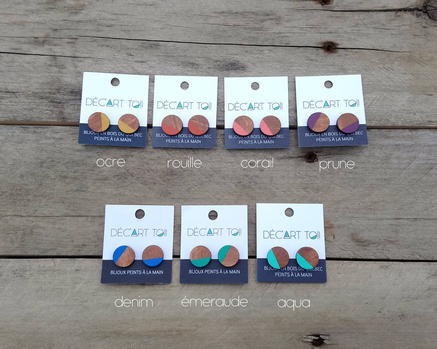 14 couleurs au choix- boucles d'oreilles en bois du québec (merisier) peintes à la main et acier inoxydable