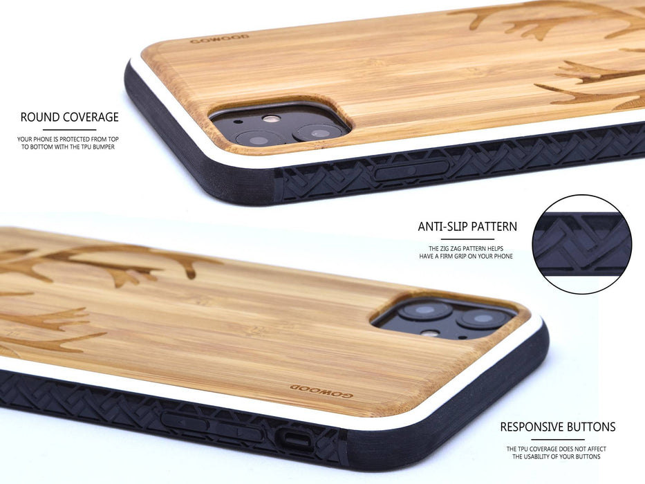 Étui iphone 11 en bois et côtés en tpu - bambou avec gravure chevreuil