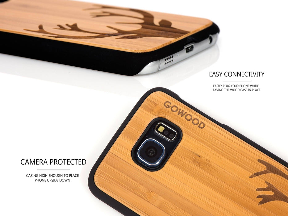 Étui samsung galaxy s6 en bois et côtés en polycarbonate - bambou avec gravure chevreuil