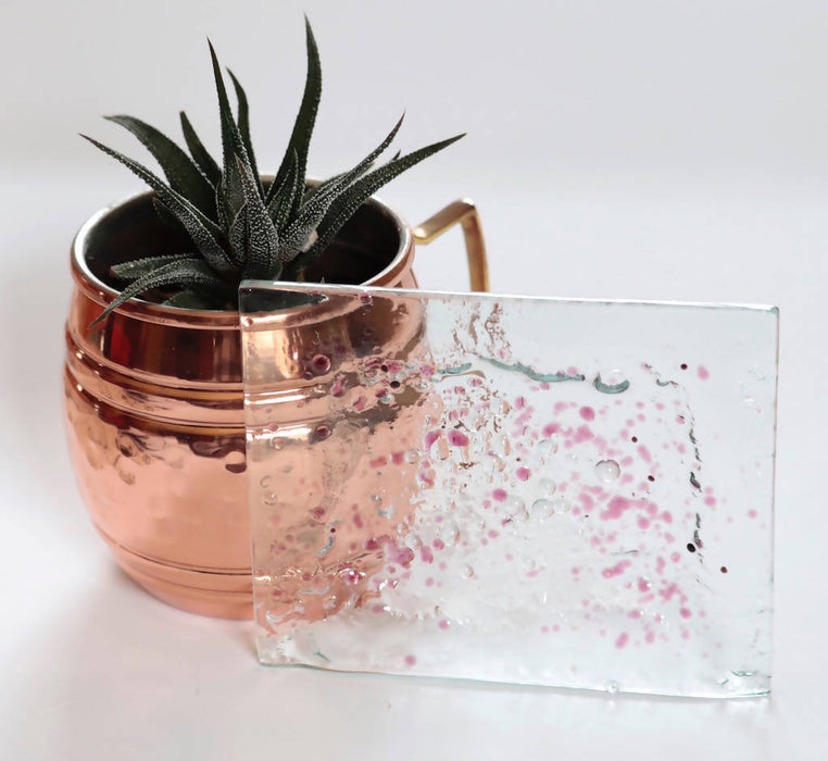 Savonnier et savon artisanal/porte savon de verre recyclé déco couleurs rose tendre sur verre clair