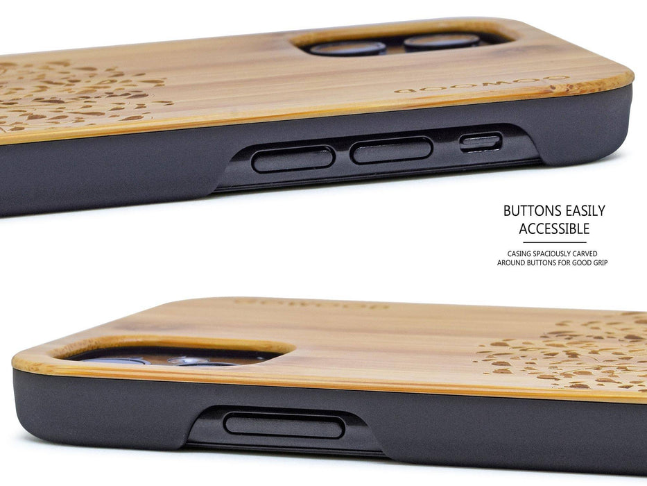 Étui iphone 11 en bois et côtés en polycarbonate - bambou avec gravure arbre