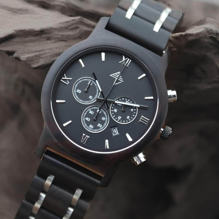 Montre chronographe en bois de santal noir et métal pour hommes - carbon