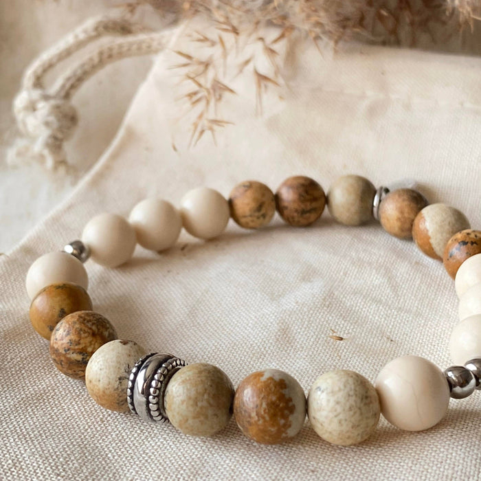 Bracelet riviera en pierres de rivière, pierres fines jaspe paysage et acier inoxydable