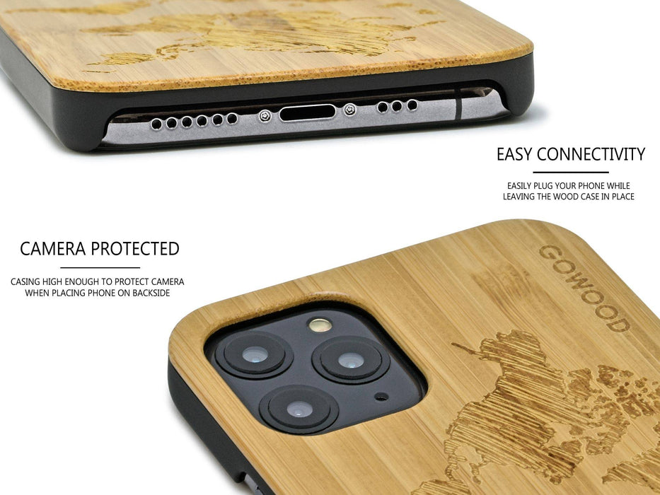 Étui iphone 11 pro en bois et côtés en polycarbonate - bambou avec gravure carte du monde