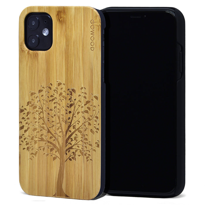 Étui iphone 11 en bois et côtés en polycarbonate - bambou avec gravure arbre