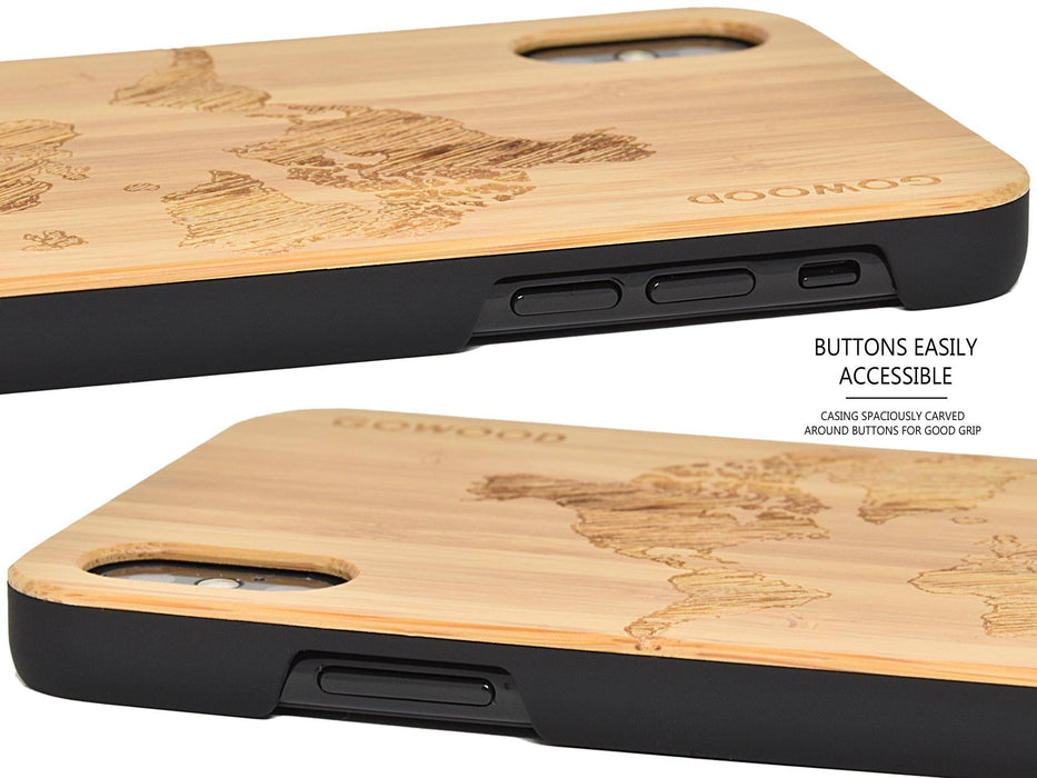 Étui iphone xs max en bois et côtés en polycarbonate - bambou avec gravure carte du monde
