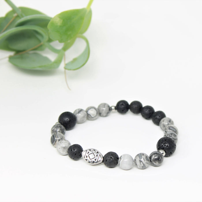 Bracelet élastique pour hommes en pierres naturelles de guérison : pierre de lave et jaspe gris