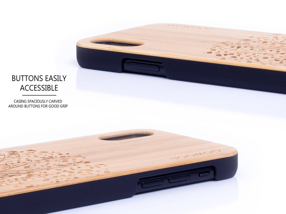Étui iphone x et xs en bois et côtés en polycarbonate - bambou avec gravure arbre
