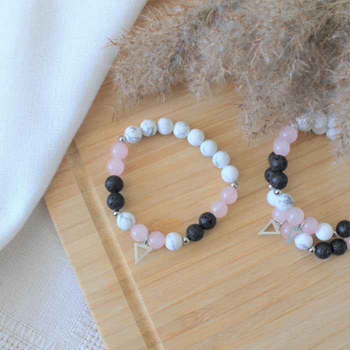 Éros - bracelet diffuseur en pierres semi-précieuses pour femmes, howlite, quartz rose et pierre de lave