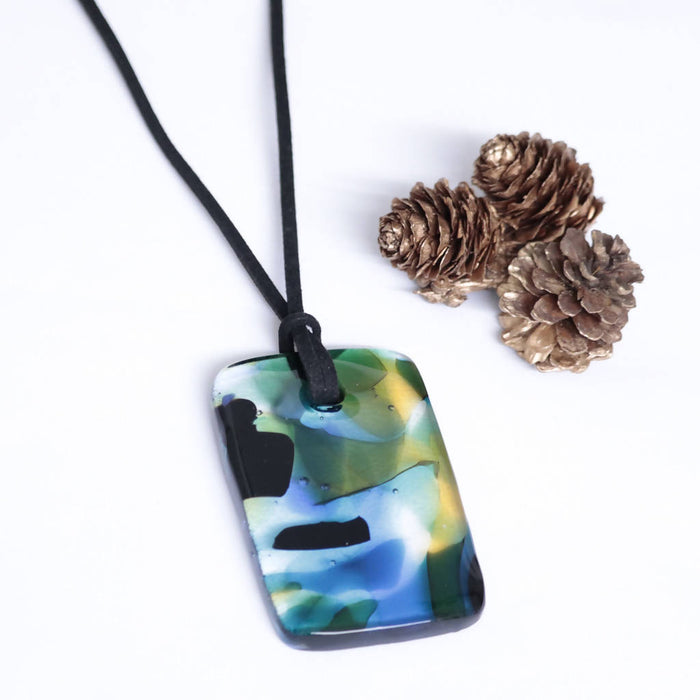 Nouveau/pendentif de verre tons de bleu vert ambre/rectangulaire/longueur ajustable