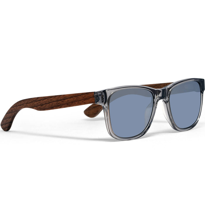 Lunettes de soleil en bois de noyer de style classique avec monture grise semi-transparente et verres miroirs argent polarisés