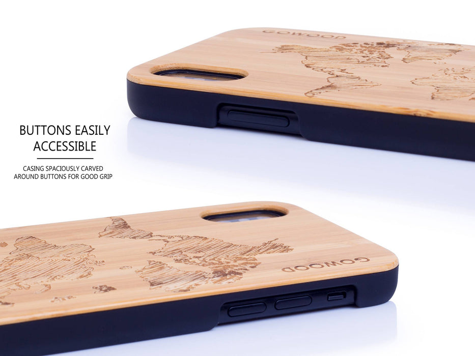 Étui iphone x et xs en bois et côtés en polycarbonate - bambou avec gravure carte du monde