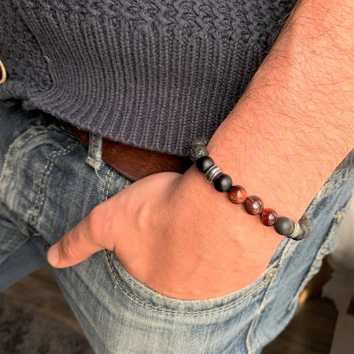 Fournaise - bracelet élastique pour hommes en pierres naturelles de guérison : onyx mat, pierre de lave et œil de taureau