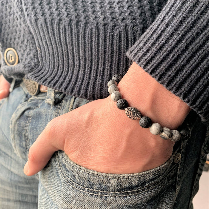 Bracelet élastique pour hommes en pierres naturelles de guérison : pierre de lave et jaspe gris