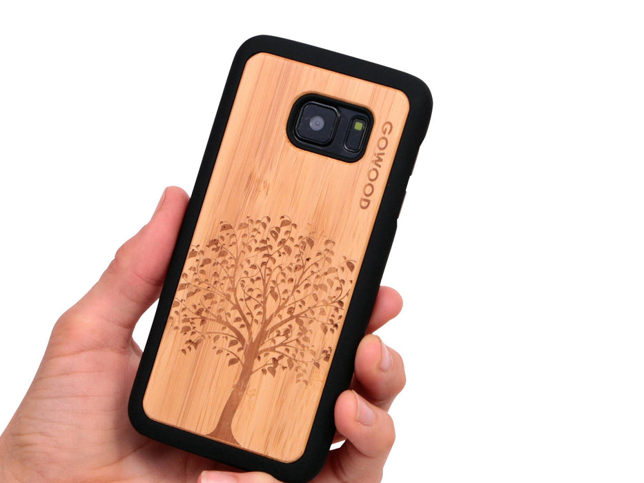 Étui samsung galaxy s7 en bois et côtés en polycarbonate - bambou avec gravure arbre