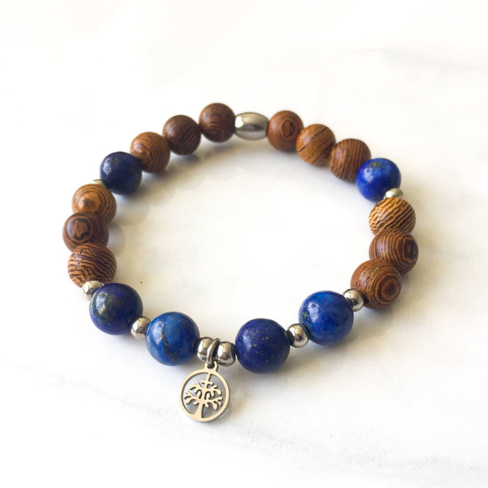 Bracelet unisex élastique en pierres semi précieuses 8mm : lapis lazuli et billes de bois de rose