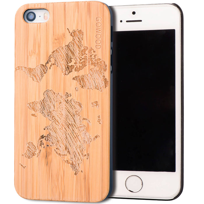 Étui iphone 5 en bois et côtés en polycarbonate - bambou avec gravure carte du monde
