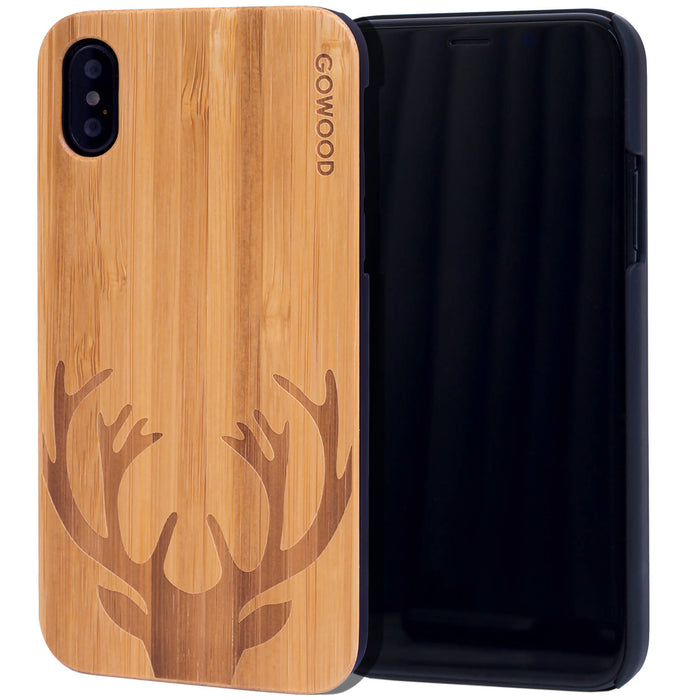 Étui iphone x et xs en bois et côtés en polycarbonate - bambou avec gravure chevreuil