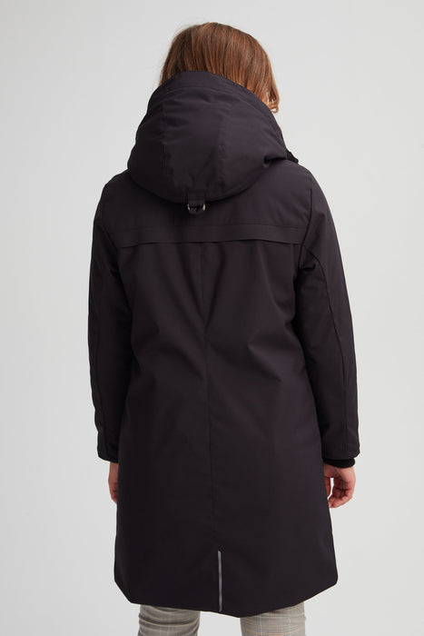 Manteau d'hiver noir pour femme. Bandes réfléchissantes à l'arrière.