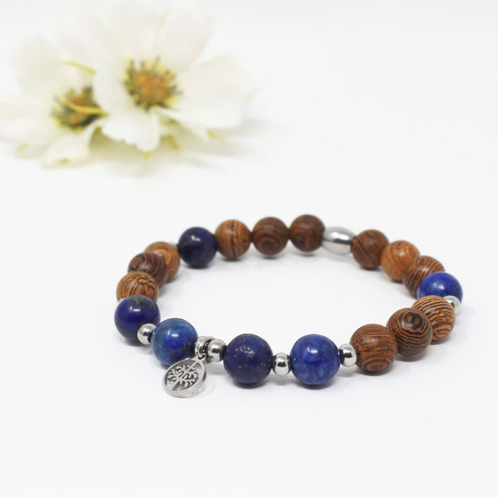 Bracelet unisex élastique en pierres semi précieuses 8mm : lapis lazuli et billes de bois de rose