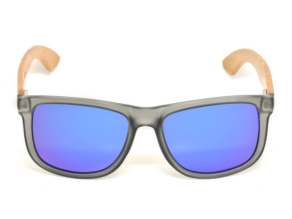Lunettes de soleil carrées en bois de bambou avec monture givrée grise et verres miroir bleu polarisés