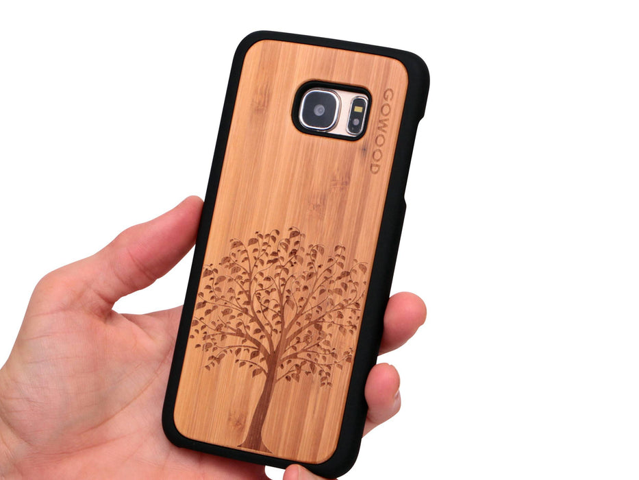 Étui samsung galaxy s7 edge en bois et côtés en polycarbonate - bambou avec gravure arbre