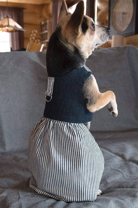 Robe harnais en denim jeans bleu foncé et ligné bleu et blanc pour chien xxxs, xxs, xs, s, m et l