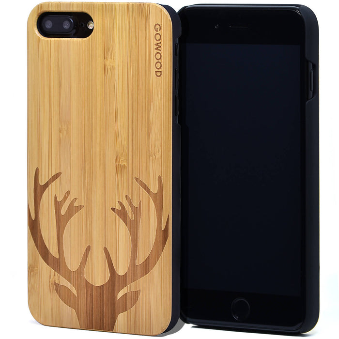 Étui iphone 7 plus et 8 plus en bois et côtés en polycarbonate - bambou avec gravure chevreuil