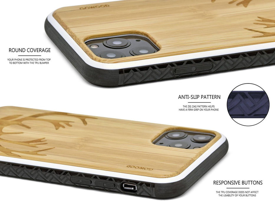 Étui iphone 11 pro en bois et côtés en tpu - bambou avec gravure chevreuil