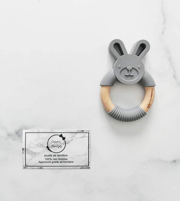 Anneau en silicone lapin et bois gris foncé