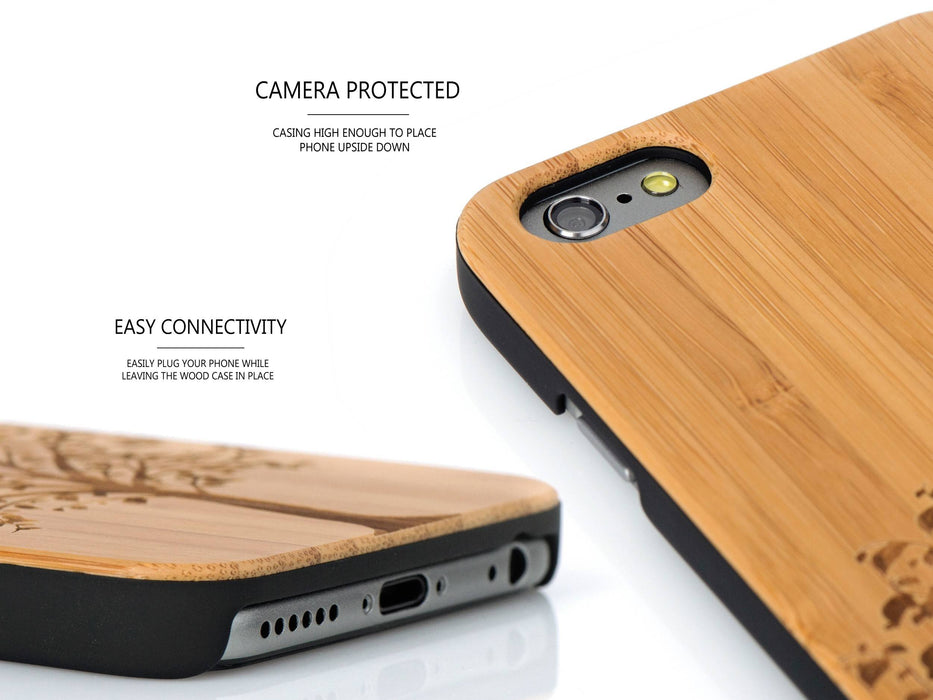 Étui iphone 6 en bois et côtés en polycarbonate - bambou avec gravure arbre