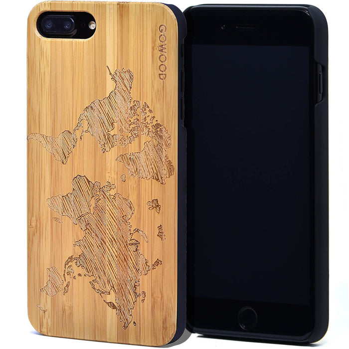 Étui iphone 7 plus et 8 plus en bois et côtés en polycarbonate - bambou avec gravure carte du monde