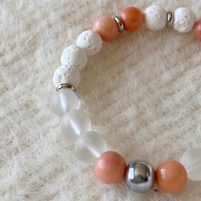 Bracelet diffuseur hibiscus (pierres semi-précieuses aventurine rose, quartz, pierres de lave blanche et acier inoxydable)