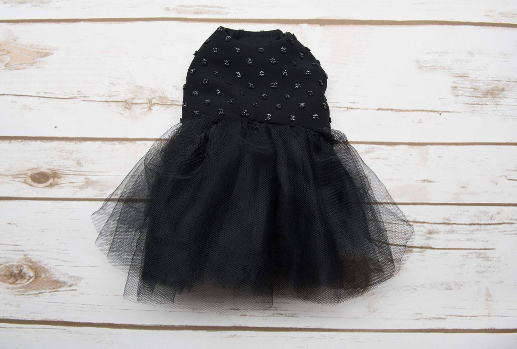 2 robes pour chien dans une! oui, c'est possible!: robe tutu noire réversible en coton noir et cuirette et chiffon suisse à pois surélevés