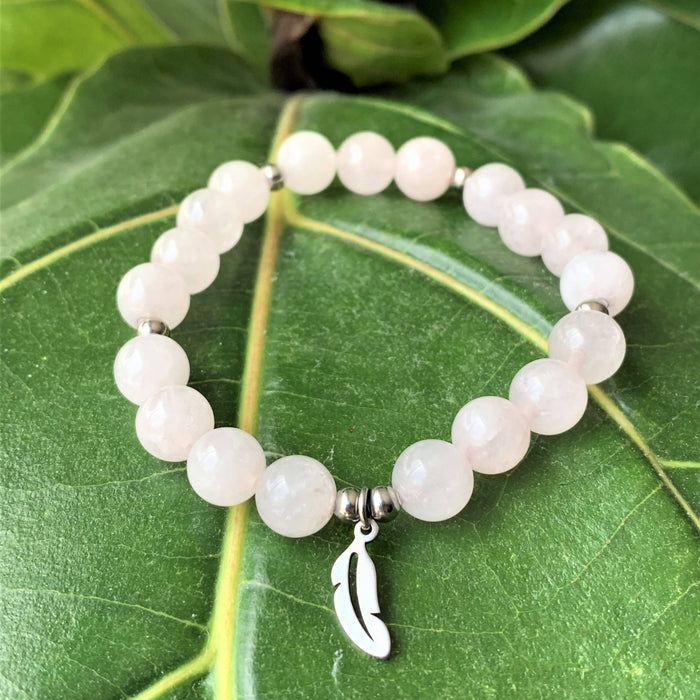 Rose - bracelet en pierres semi-précieuses pour femmes : quartz rose et acier inoxydable