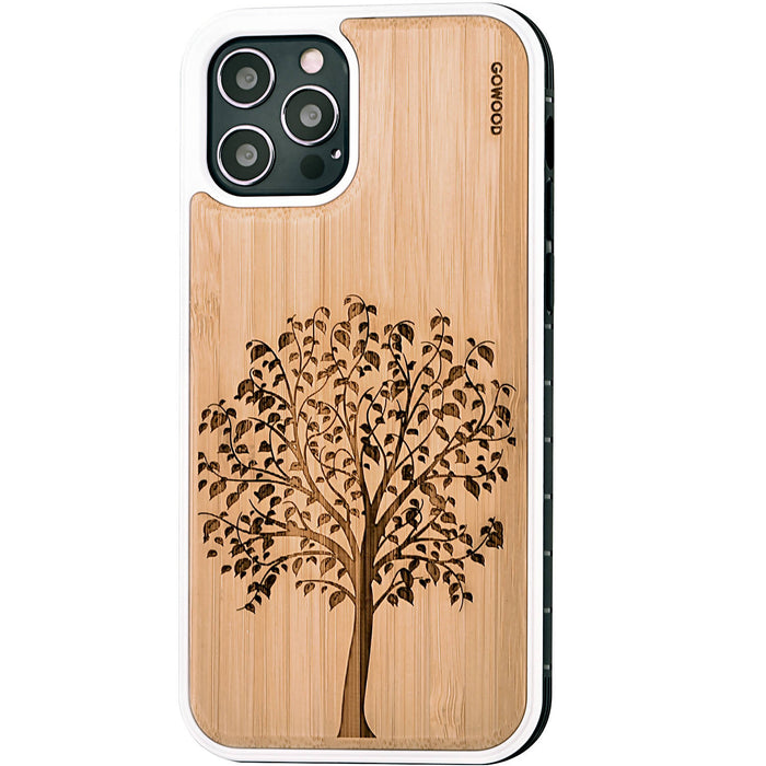 Étui iphone 12 et iphone 12 pro en bois et côtés en tpu - bambou avec gravure arbre