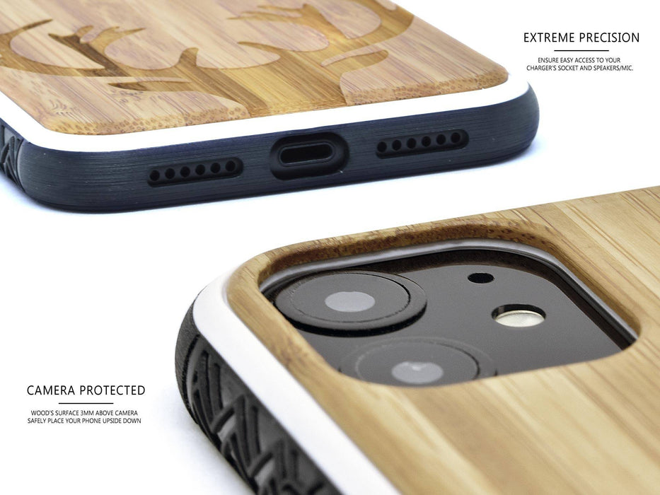 Étui iphone 11 en bois et côtés en tpu - bambou avec gravure chevreuil