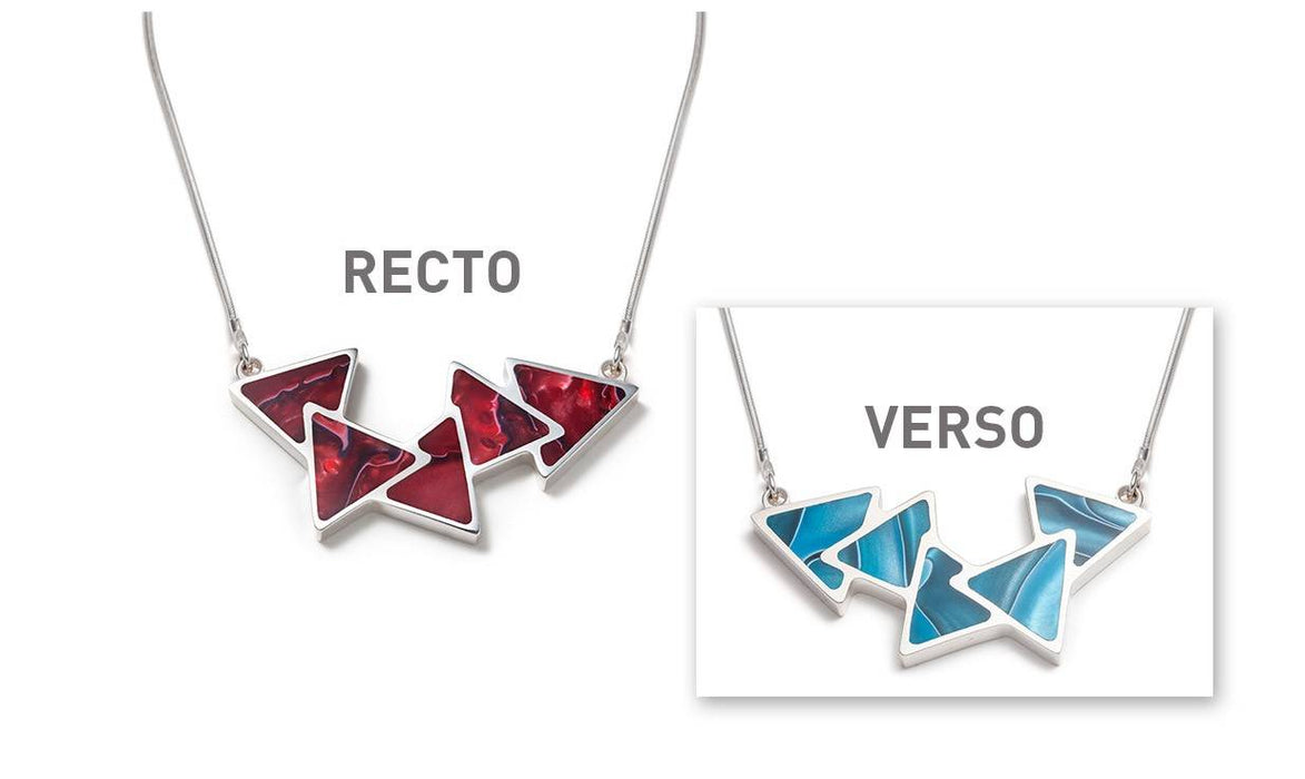 Collier réversible 5 triangles rouge et turquoise