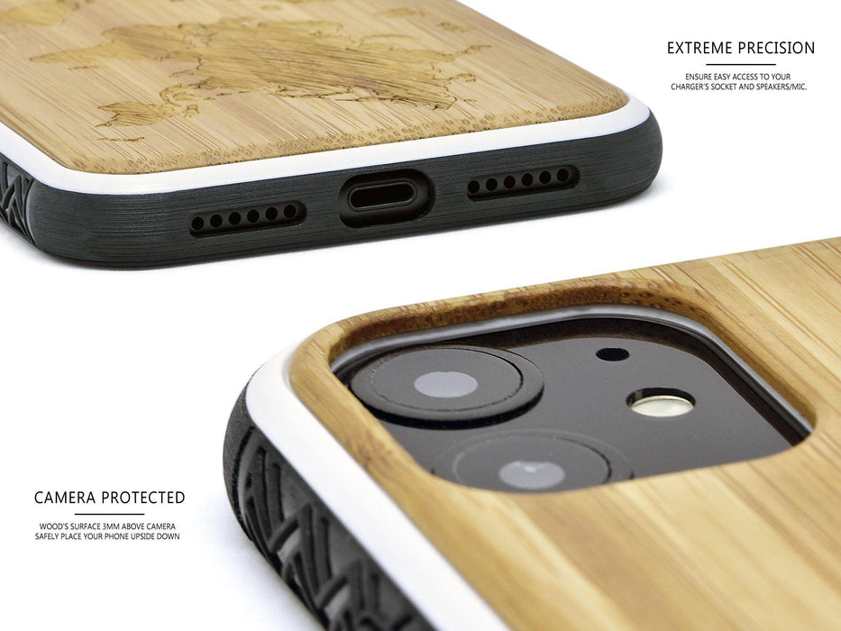 Étui iphone 11 en bois et côtés en tpu - bambou avec gravure carte du monde