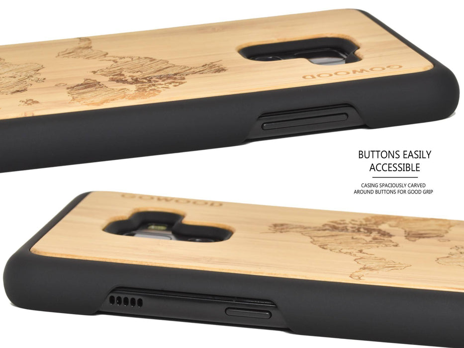 Étui samsung galaxy a8 en bois et côtés en polycarbonate - bambou avec gravure carte du monde