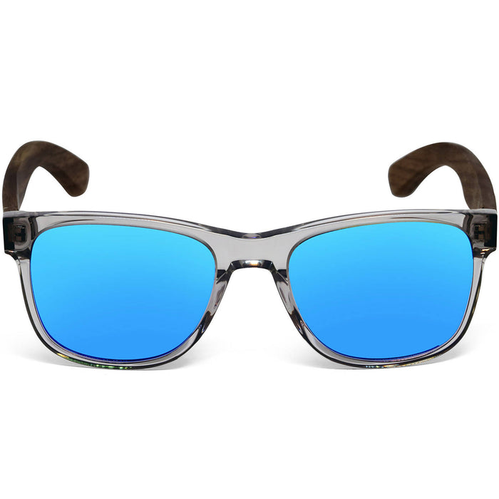 Lunettes de soleil en bois de noyer de style classique avec monture grise semi-transparente et verres miroirs bleu polarisés