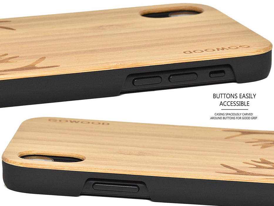 Étui iphone xr en bois et côtés en polycarbonate - bambou avec gravure chevreuil