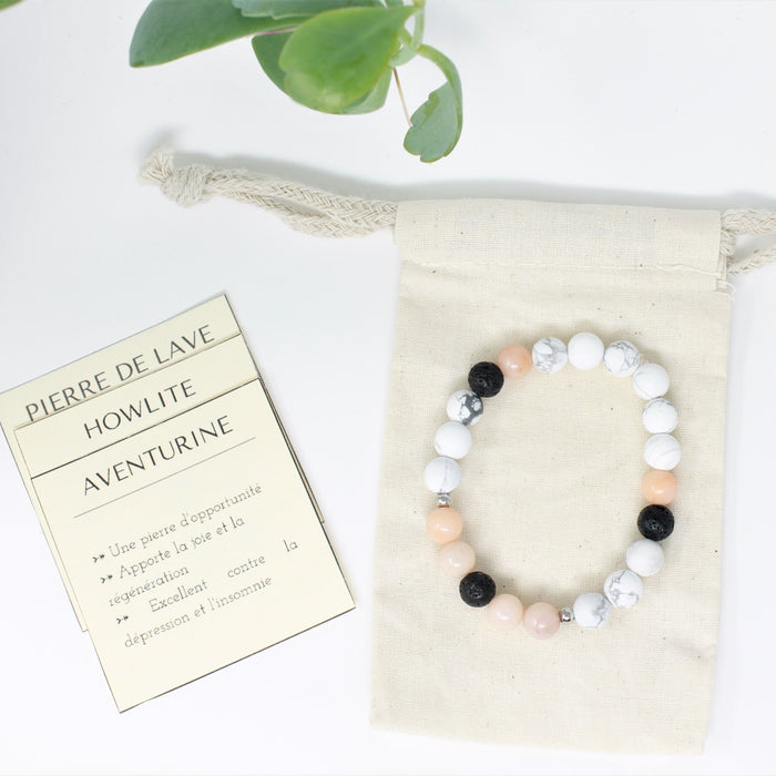 Bracelet peach (bracelet en pierres semi-précieuses, diffuseur d'huiles essentielles pour femmes, howlite, aventurine rose & pierre de lave)