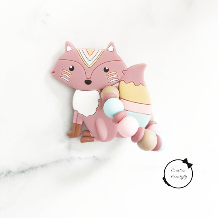 Hochet de dentition avec jouet en silicone renard rose profond