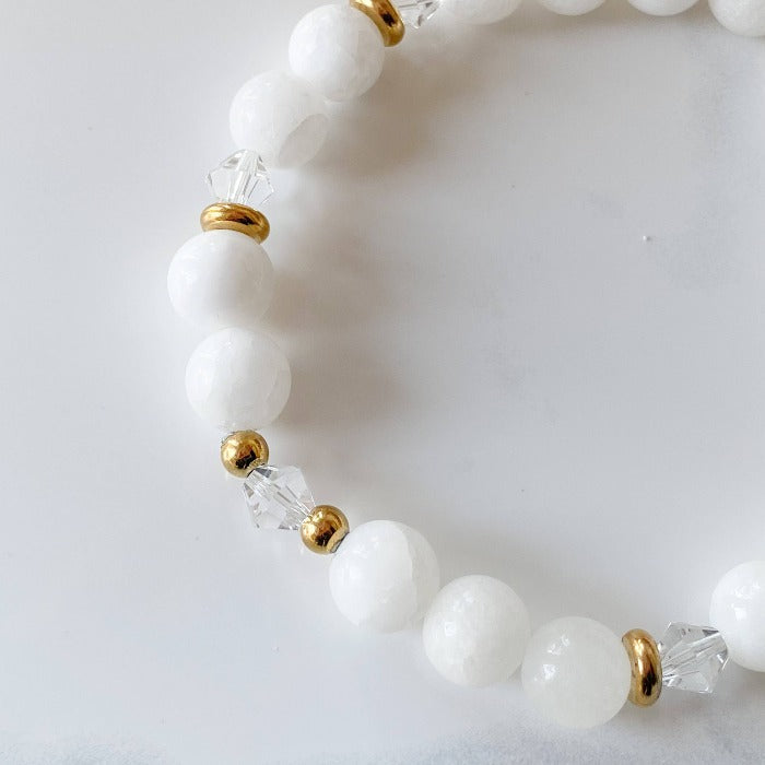 Bracelet liv - jade blanc, cristaux stellaris et acier inoxydable doré
