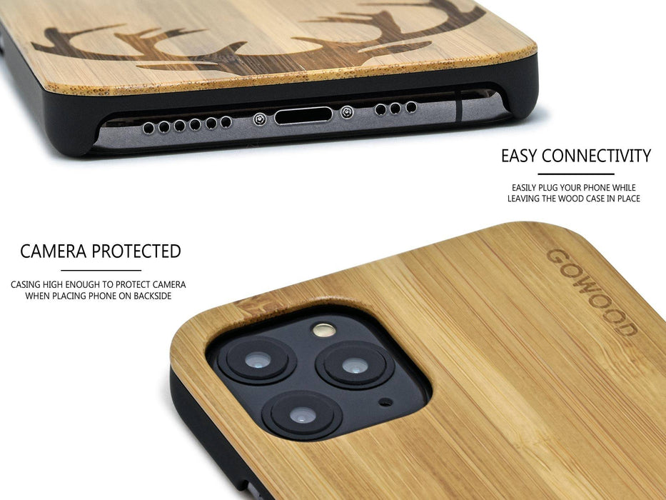 Étui iphone 11 pro en bois et côtés en polycarbonate - bambou avec gravure chevreuil
