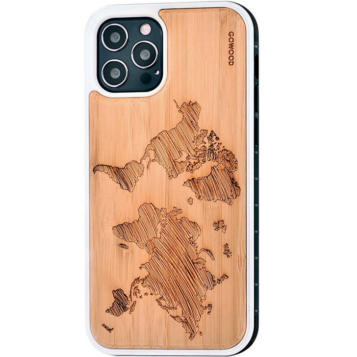 Étui iphone 12 et iphone 12 pro en bois et côtés en tpu - bambou avec gravure carte du monde