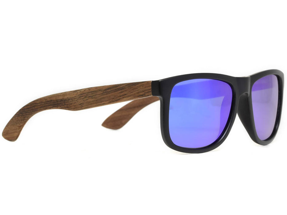 Lunettes de soleil carrées en bois de noyer avec verres miroir bleu polarisés